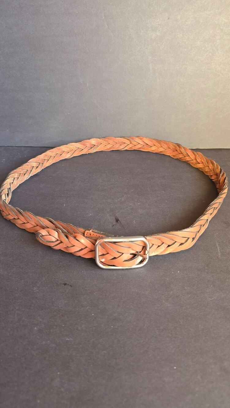 Michael Kors Belt Mens Size 45 Brown Leather Braided Woven Silver Buckle